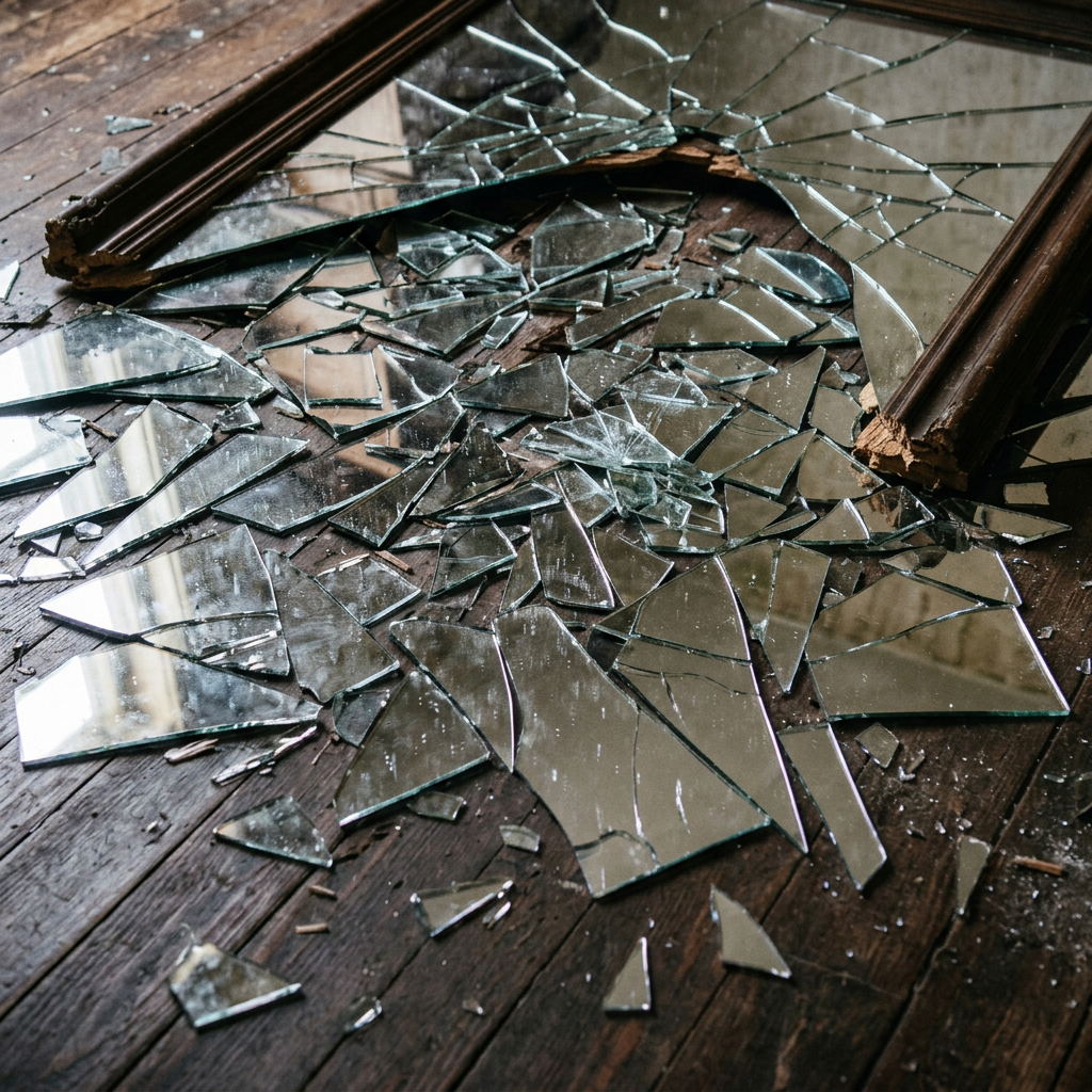 Shattered wooden-framed mirror surrounded by glass fragments on a wooden floor